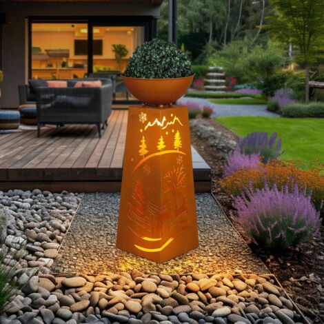 Colonne décorative pour plantes, bol à fleurs, décoration de jardin, lampe d'extérieur, colonne pour plantes avec perforations, métal rouille, batterie incluse, minuterie, 1x LED blanc chaud, H 59 cm