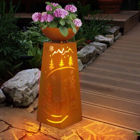 Colonne décorative pour plantes, bol à fleurs, décoration de jardin, lampe d'extérieur, colonne pour plantes avec perforations, métal rouille, batterie incluse, minuterie, 1x LED blanc chaud, H 59 cm