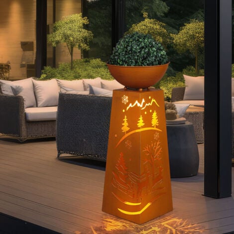 Colonne décorative pour plantes, bol à fleurs, décoration de jardin, lampe d'extérieur, colonne pour plantes avec perforations, métal rouille, batterie incluse, minuterie, 1x LED blanc chaud, H 59 cm