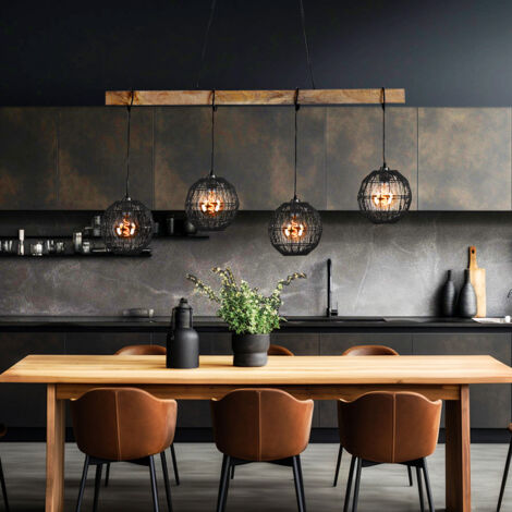 Lampe suspendue en métal noir et bois naturel – Hauteur réglable 140 cm – 4 ampoules E27 – Éclairage moderne pour salon et salle à manger