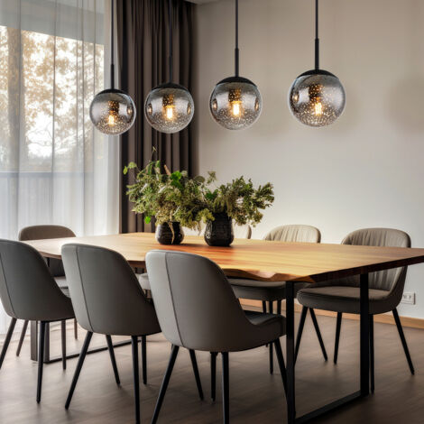 Suspension boule noire suspension table à manger verre fumé suspension rétro verre, effet étoile, 4x douille E27, LxPxH 90x15x120 cm