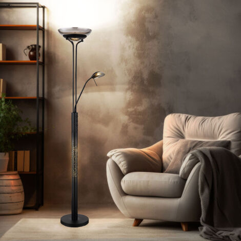 Plafonnier LED lampadaire lampe de salon lampadaire lampe de chambre, verre métal fumé noir, spot de lecture orientable, H 180 cm