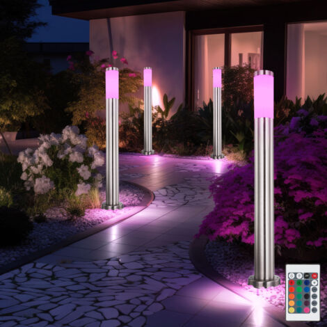 Lampadaire d'extérieur à intensité variable avec télécommande, lampe de chemin en acier inoxydable, lampe de jardin, RVB à changement de couleur, 8,5 W 806 lm blanc chaud, PxH 7,6 x 80 cm, lot de 4