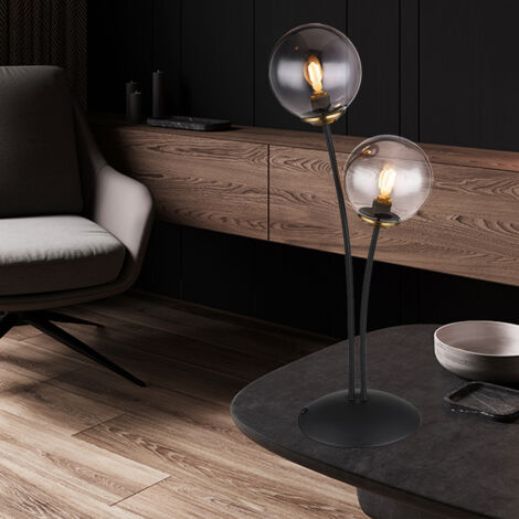 Lampe à poser, lampe de chevet, lampe d'appoint, lampe de salon, lampe de chambre, lampe de lecture, métal noir, boule en verre fumé, 2 ampoules G9, H 48 cm