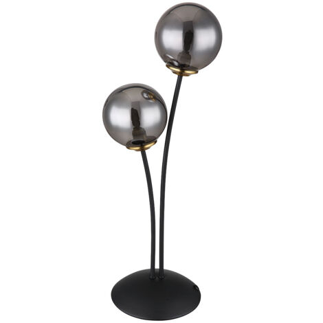 Lampe à poser, lampe de chevet, lampe d'appoint, lampe de salon, lampe de chambre, lampe de lecture, métal noir, boule en verre fumé, 2 ampoules G9, H 48 cm