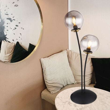 Lampe à poser, lampe de chevet, lampe d'appoint, lampe de salon, lampe de chambre, lampe de lecture, métal noir, boule en verre fumé, 2 ampoules G9, H 48 cm