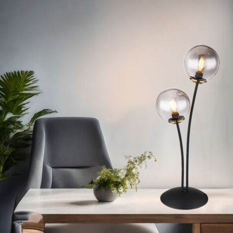 Lampe à poser, lampe de chevet, lampe d'appoint, lampe de salon, lampe de chambre, lampe de lecture, métal noir, boule en verre fumé, 2 ampoules G9, H 48 cm