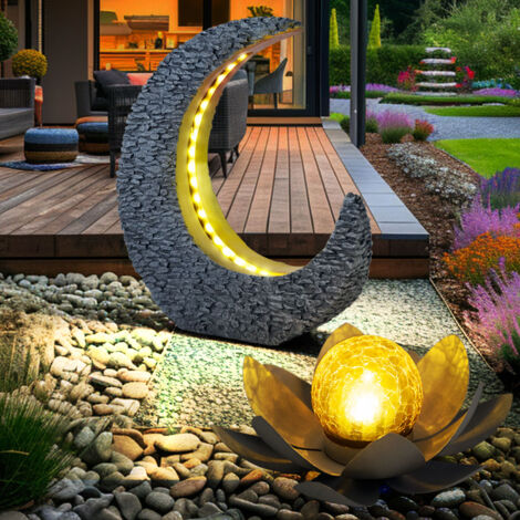 Globo – Lot de 2 lampes solaires fleur de lotus et croissant de lune – Métal et plastique – IP44 – Autonomie 6-8h – Lumière blanc chaud