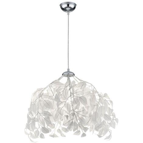 Lampe à suspension, plafonnier, lampe de salon, lampe de salle à manger, métal chromé feuilles blanches, 1x E27, H 150 cm