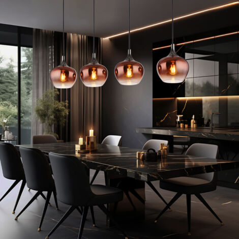 Lampe à suspension, lampe de salon, lampe de salle à manger, lampe de cuisine, plafonnier, métal, verre, couleur cuivre, noir, 4 ampoules E27, H 120 cm