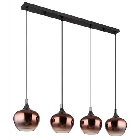 Lampe à suspension, lampe de salon, lampe de salle à manger, lampe de cuisine, plafonnier, métal, verre, couleur cuivre, noir, 4 ampoules E27, H 120 cm
