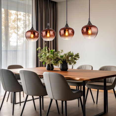 Lampe à suspension, lampe de salon, lampe de salle à manger, lampe de cuisine, plafonnier, métal, verre, couleur cuivre, noir, 4 ampoules E27, H 120 cm