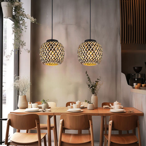 Lampe suspendue suspension lampe de table à manger lampe de salon lampe de cuisine, réglable en hauteur bambou métal naturel noir style bohème, 1x douille E27, DxH 20x120cm, lot de 2 (1/5)