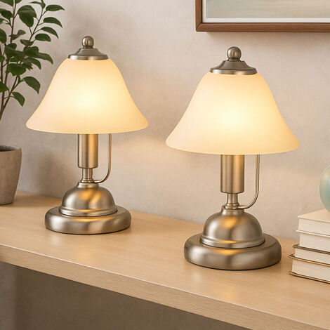 Lampe De Table, Antique, Laiton Ancien, Abat-jour En Verre Blanc 36 Cm Hauteur