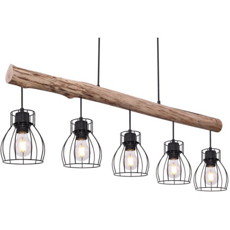 Lampe suspendue au plafond rétro avec poutre en bois, éclairage de salon avec grille, luminaire suspendu  Globo 15326-5N