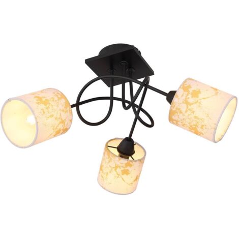 Plafonnier plafonnier salon lumière salle à manger lampe chambre lumière, métal bois textile noir or, 3 ampoules E14, H 27,5 cm (1/5)