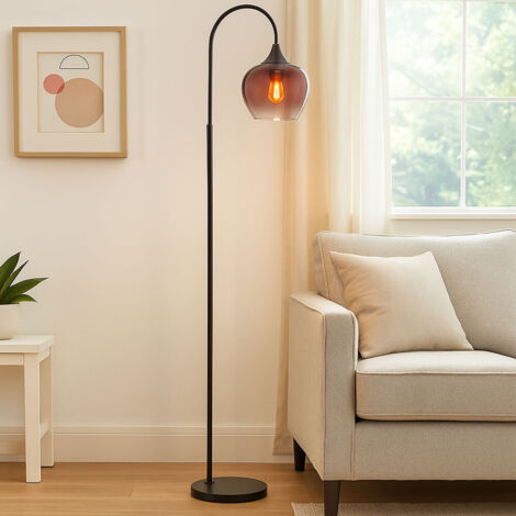 Lampadaire LED Lampe d'appoint Verre cuivré noir courbé, 1x E27 filament LED blanc chaud, hauteur 150 cm (1/5)