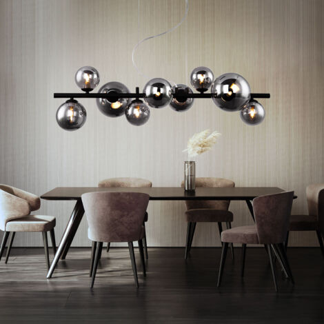 Suspension boule en verre noire – 9 ampoules LED G9 3,5W 350lm blanc chaud – Dimensions LxH 86x120 cm – Métal et verre fumé