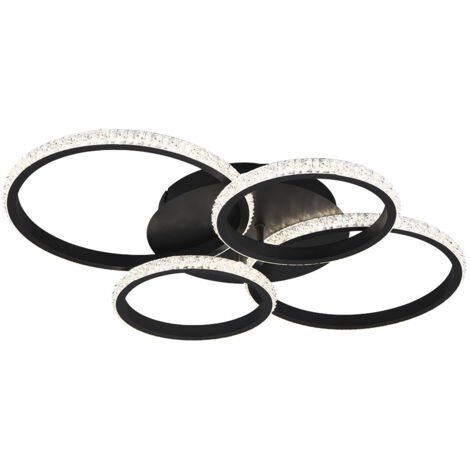 Plafonnier LED à intensité variable Plafonnier noir mat cristaux Lampe design anneaux orientables, 27W 3400lm blanc neutre, LxHxP 65 x 8 x 49 cm (1/5)