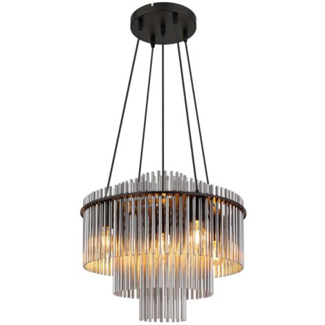 Lustre en verre fumé clair – 5 douilles E27 – Métal noir – Diamètre 50 cm, hauteur 120 cm – Éclairage moderne pour salle à manger et salon