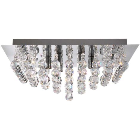 Lampe carrée chromée à 4 flammes Hanna affleurante au plafond, boules de cristal chromées (1/2)
