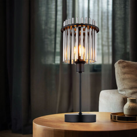 Lampe de table, lampe d'appoint, lampe de chambre, lampe de chevet, lampe de table, lampe de salon, métal noir, tiges de verre fumé, 1x E14, H 37,5 cm