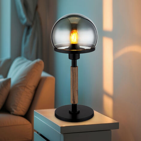 Lampe de table champignon design lampe de chevet rétro lampe de table verre fumé aspect bois lampe de salon, métal noir, 1x E27, DxH 18 x 40 cm (1/5)