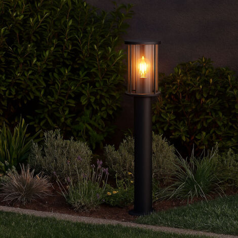 Lampadaire extérieur chemin lumineux noir lampe de jardin, socle lumineux terrasse résistant aux intempéries, verre fumé inox, 1x E27, DxH 14,3x60 cm (1/5)