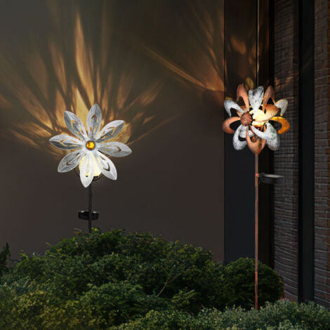Lampe solaire Roue à vent Lampe solaire Piquet de terre Décoration de jardin Fiche de jardin solaire or argent, métal, LED blanc chaud, set de 2 pièces