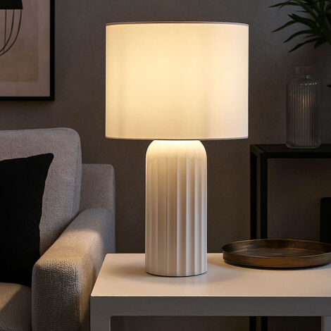 Lampe de table céramique Lampe de table abat-jour textile blanc Lampe de salon, interrupteur à câble, 1x douille E27, DxH 20x36 cm