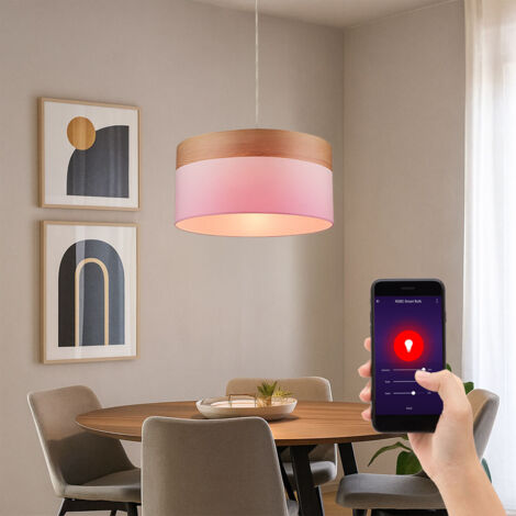 Lampe à suspendre Salon Suspension LED Lampe de table à manger aspect bois Textile blanc, 8,5W 806lm blanc chaud-blanc froid, DxH 40x120 cm (1/5)
