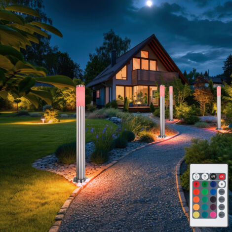 Ensemble de 4 lampes d'extérieur à LED RVB TÉLÉCOMMANDE sur pied piliers en acier inoxydable lumières de jardin dimmable