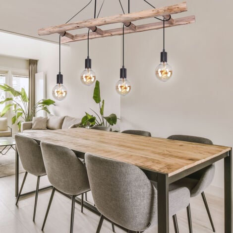 Lampe suspension lampe en bois lampe suspension vintage salle à manger, échelle en bois 4 flammes, brun naturel noir, 4x douilles E27, HxLxP 80x115x30cm