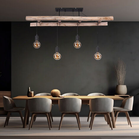 Lampe suspension lampe en bois lampe suspension vintage salle à manger, échelle en bois 4 flammes, brun naturel noir, 4x douilles E27, HxLxP 80x115x30cm