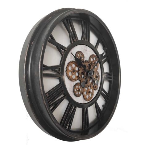 Lafocuse Horloge Murale Géante 57 Cm Engrenages Mobiles - Style Steampunk Vintage Industriel Bois Noir, Silencieuse