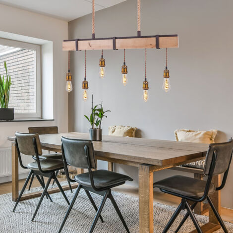 Lampe suspension bois lampe suspension 6 flammes table à manger lampe rétro suspension salon, 6x E27, LxPxH 100x8x167 cm