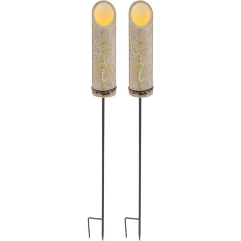 Lampe à brancher, bambou, lumière solaire, piquet, lampe en bambou, solaire, perforations décoratives, vert, LED blanc chaud, DxH 12x79,5 cm, lot de 2
