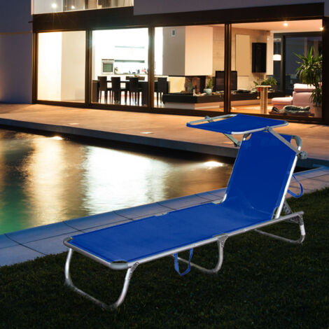 Chaise longue avec pare-soleil bleu, chaise longue à trois pieds aluminium / acier réglable (1/5)