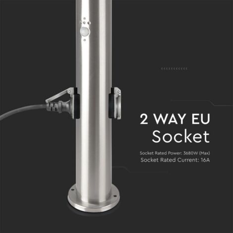 V-Tac – Applique murale extérieure avec capteur PIR – 2 prises Schuko 16A – Acier inoxydable nickel satiné – IP44 – Hauteur 60cm – Éclairage allées et jardins - 1xE27 (1/10)