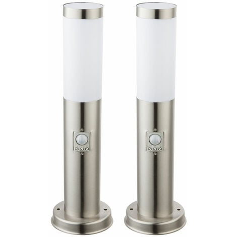 Lampadaire en acier inoxydable, éclairage extérieur avec détecteur de mouvement, éclairage de jardin, éclairage de chemin, argent, 1x E27, DxH 12,7x45 cm, lot de 2