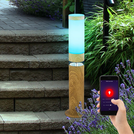 Lampadaire extérieur lampe à base ronde extérieur lampadaire de terrasse en acier inoxydable, optique en bois de contrôle d'application avec LED décorative, 1x Smart RGB LED 10W, DxH 11,7 x 50 cm