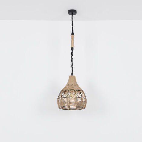 Suspension salle à manger plafonnier en corde de chanvre boule en métal, métal noir marron, 1x E27, DxH 30x135 cm