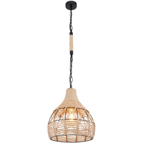 Suspension salle à manger plafonnier en corde de chanvre boule en métal, métal noir marron, 1x E27, DxH 30x135 cm