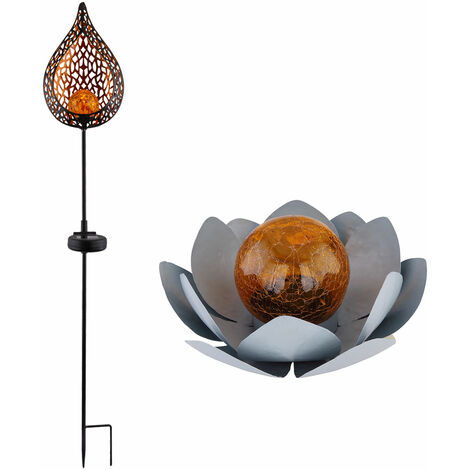Décoration Solaire LED Fleur De Lotus Piquet Lampe De Jardin Lumière Extérieure Lampe Solaire Fleur, Métal Multicolore, Boule Aspect Verre Brisé, Lot De 2