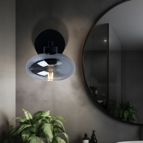 Applique murale applique murale lampe de couloir lampe de chambre lampe de salon, métal verre noir aspect fumée, 1x douille E27, HxLxÜ 20x18x22cm