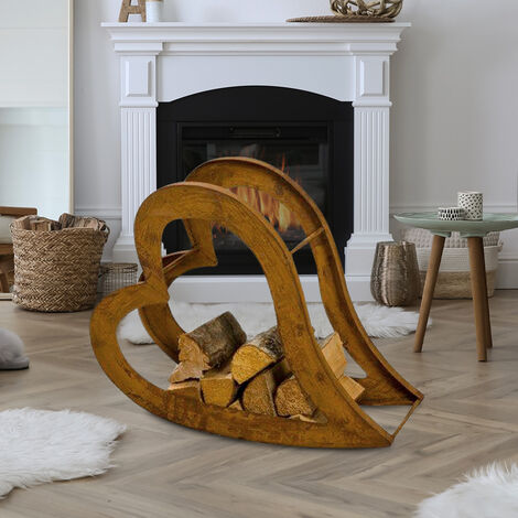 Étagère à bois de chauffage Étagère en métal Bois de chauffage rouille Rangement pour bois rouille, extérieur & intérieur, cœur allongé, LxHxP 73x27x57 cm (1/5)