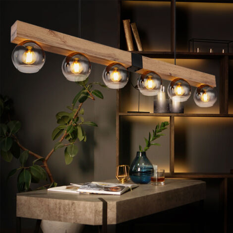 Suspension lampe à suspension aspect bois lampe de salle à manger maison de campagne lampe à suspension 6 ampoules, métal noir, 6x douille E27, LxlxH 140x15x120 cm