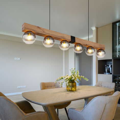Suspension lampe à suspension aspect bois lampe de salle à manger maison de campagne lampe à suspension 6 ampoules, métal noir, 6x douille E27, LxlxH 140x15x120 cm