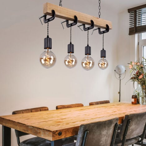 Lampe en bois suspension vintage suspension 4 flammes lampe rétro salle à manger, poutres en bois métal naturel noir, 4x douilles E27, HxLxP 120x85x14cm