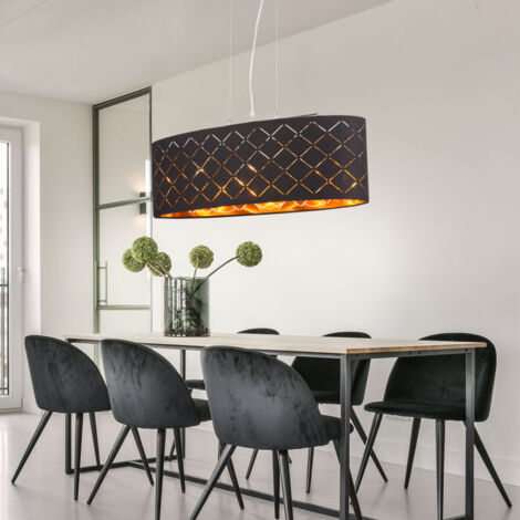 Lampe de salon plafonnier suspendu salon plafonnier suspendu lampe suspendue table à manger, 3 perforations lumineuses, métal textile or noir, 3x LED 7W 1065Lm 2700K, LxPxH 65x25x140cm (1/5)